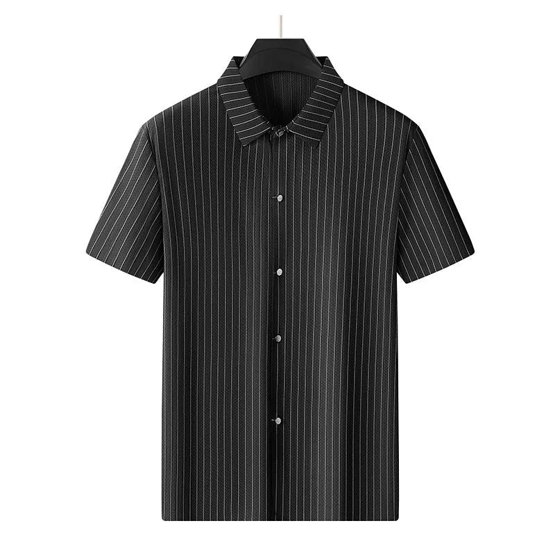 Men's plus size striped ice silk shirt with square collar in loose fit cardigan style