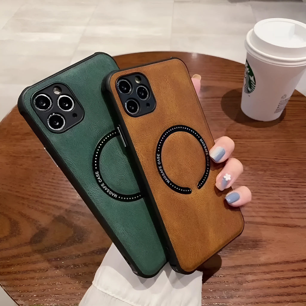 Business magnetic charging iPhone case in imitation leather with anti-fingerprint finish