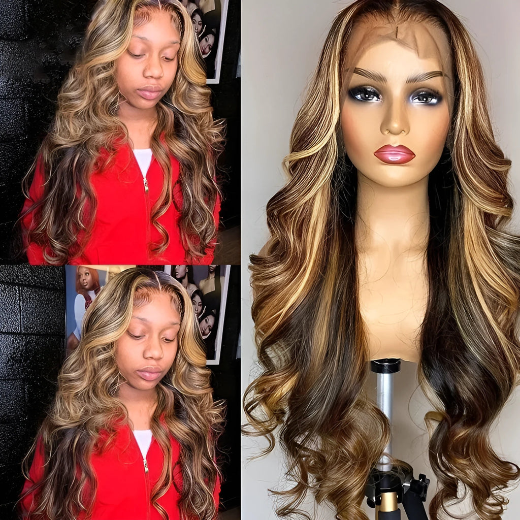 Front lace wig with gradient colour long curly hair that can be straightened flat