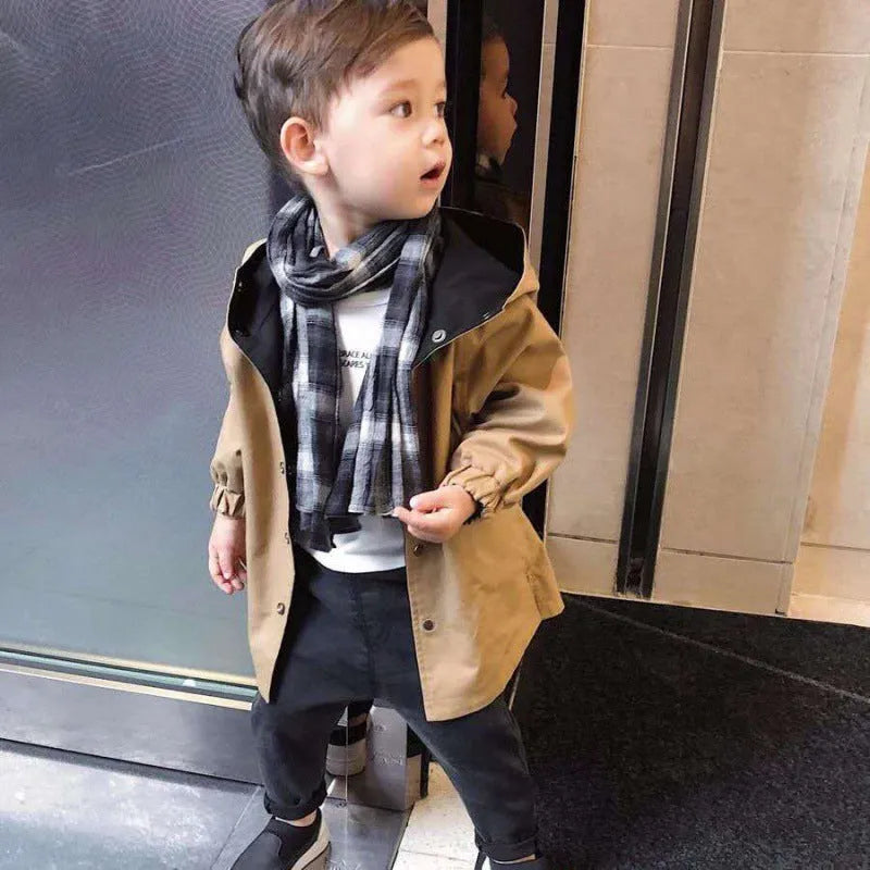 Boys reversible cotton blend spring coat in photo colour with hood and stand collar