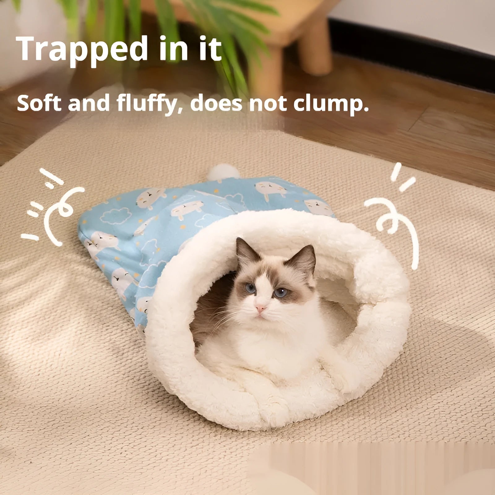 Blue rabbit pattern flannel cat sleeping bag nest bed measuring 50 cm by 40 cm.