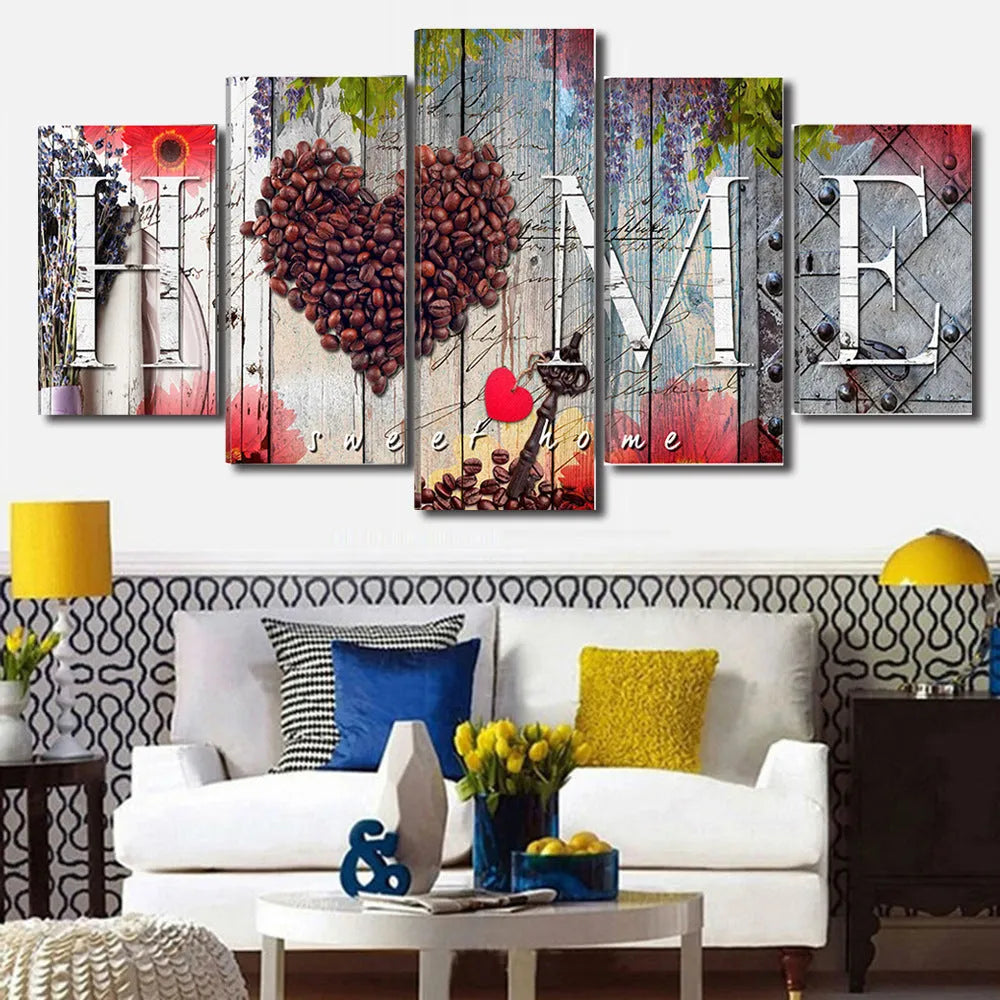 Set of five red oil painting decoration boards in coordinated sizes for gallery wall display