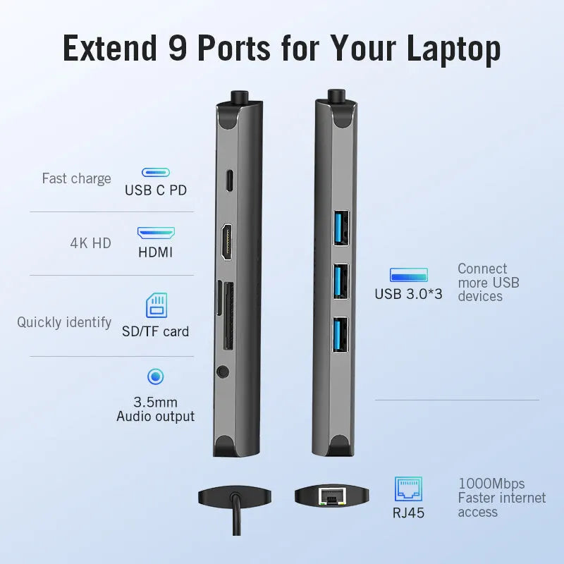 Deep gray USB-C to HDMI adapter hub with Ethernet, USB ports, and card readers on a short cable.