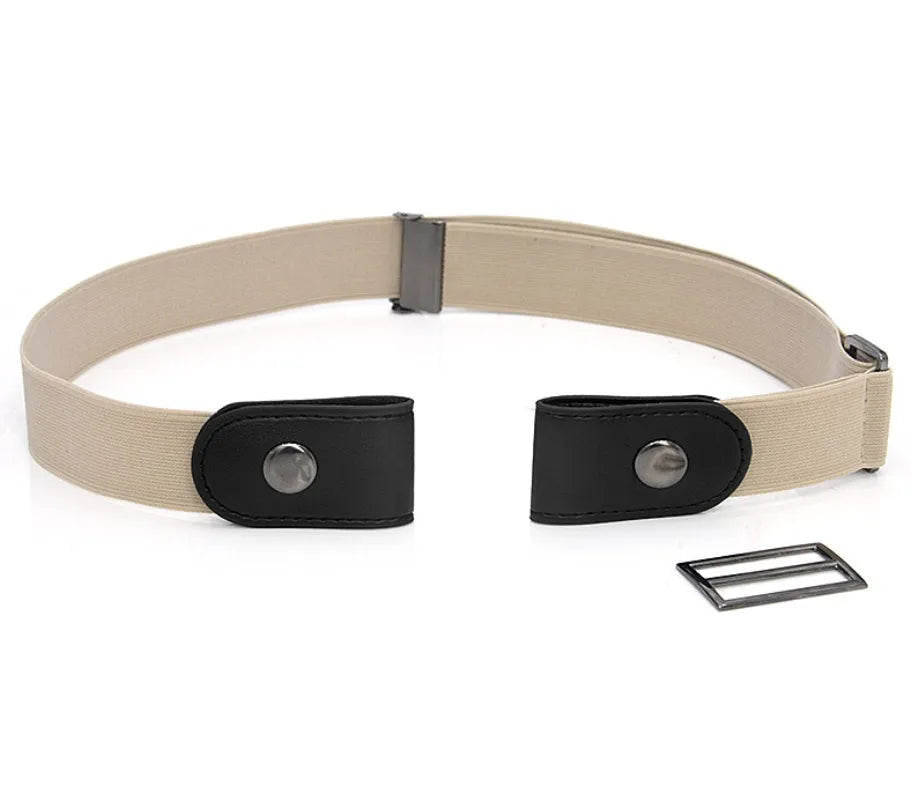 Imitation leather belt with square alloy buckle and car suture stitching on neutral background