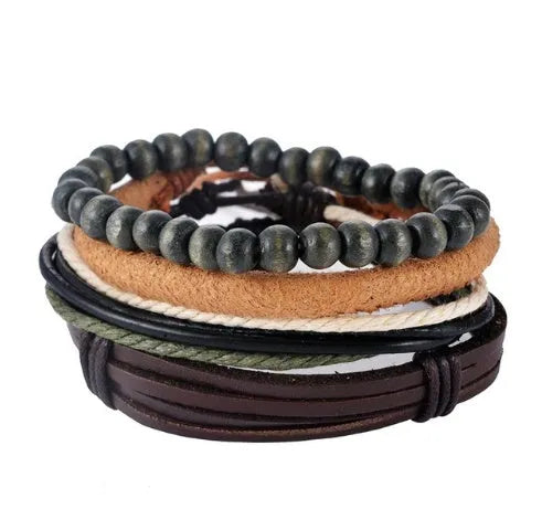Hand-woven leather bracelet with wooden beads and adjustable design for vintage punk style