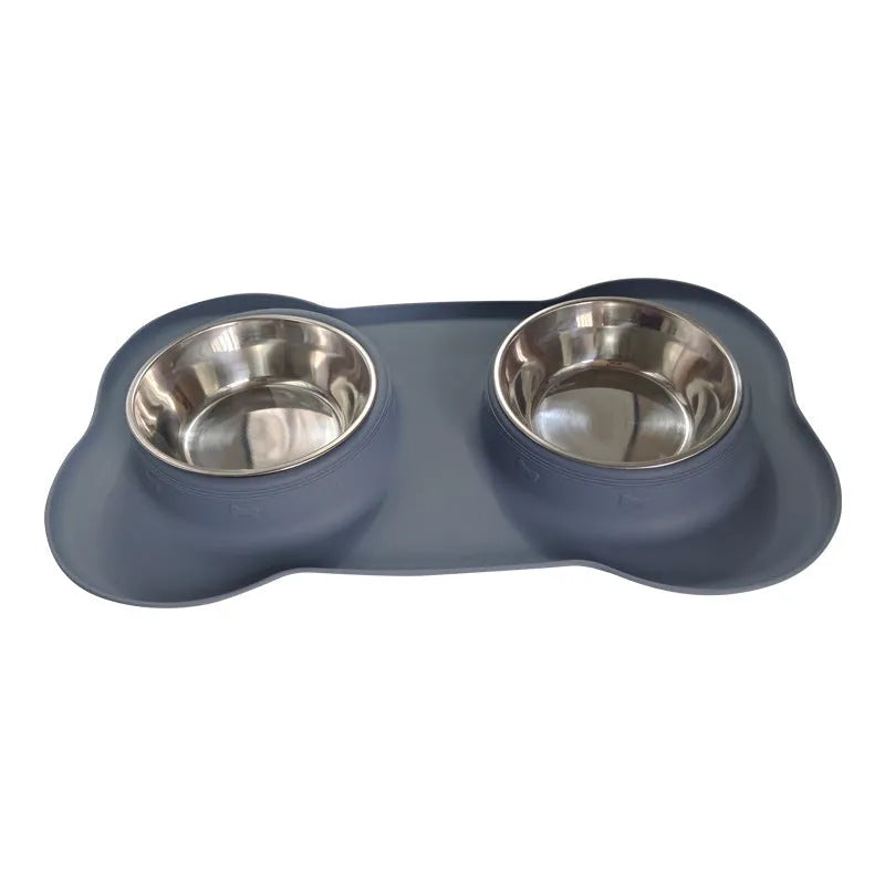 Large silicone double dog bowl with stainless steel inserts in blue colour
