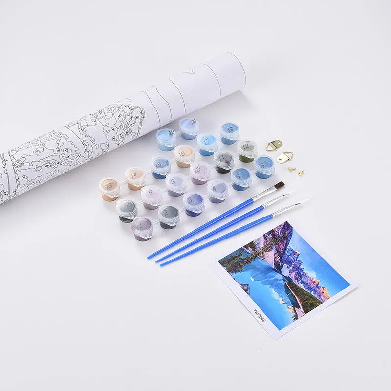 DIY sea view villa oil painting kit with blue colours on 40x50cm linen canvas, brushes, and acrylic paints