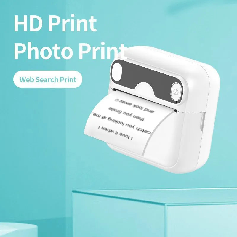 Portable Bluetooth thermal printer with 57x30mm paper rolls and 1000mAh battery, 85x54x8.44mm body