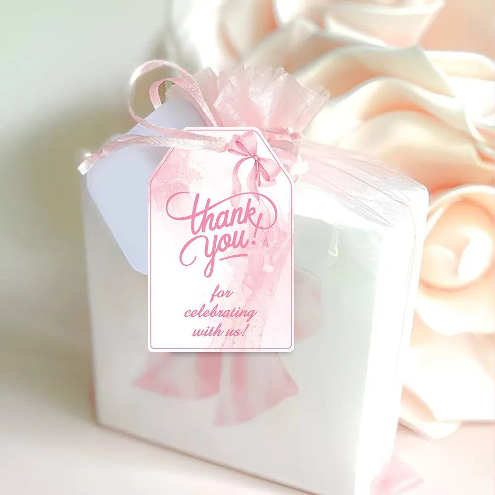 60-piece set of birthday party gift label tags with bowknot designs and natural hemp rope.