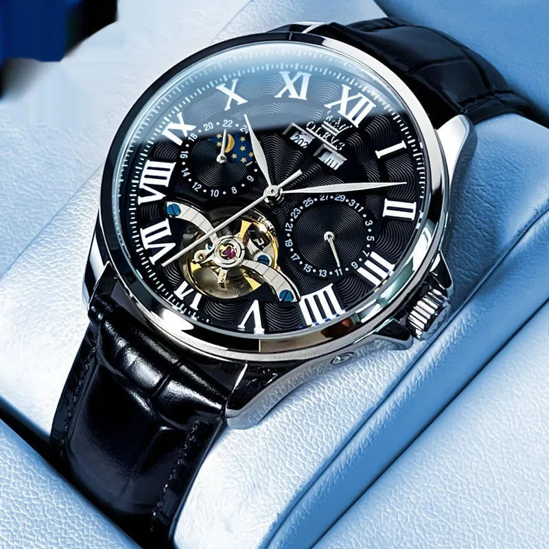 Automatic mechanical watch with double calendar, 11mm slim case, steel belt, black dial, business style