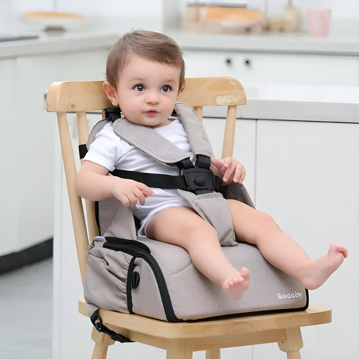 Portable baby dining chair seat in cloth, 850g, light grey or khaki, no frame or armrests, for children