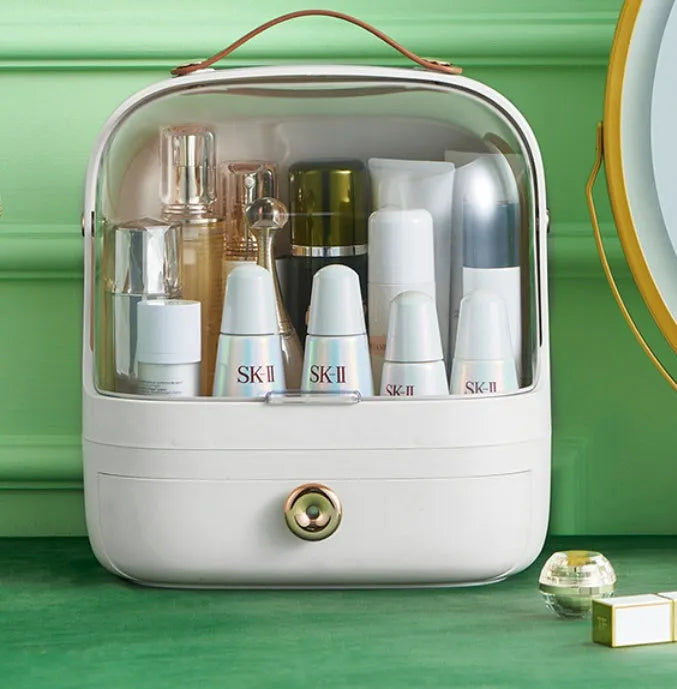 Desktop cosmetics storage box in PET hip material, dustproof, in green colour with lipsticks and blushes inside.
