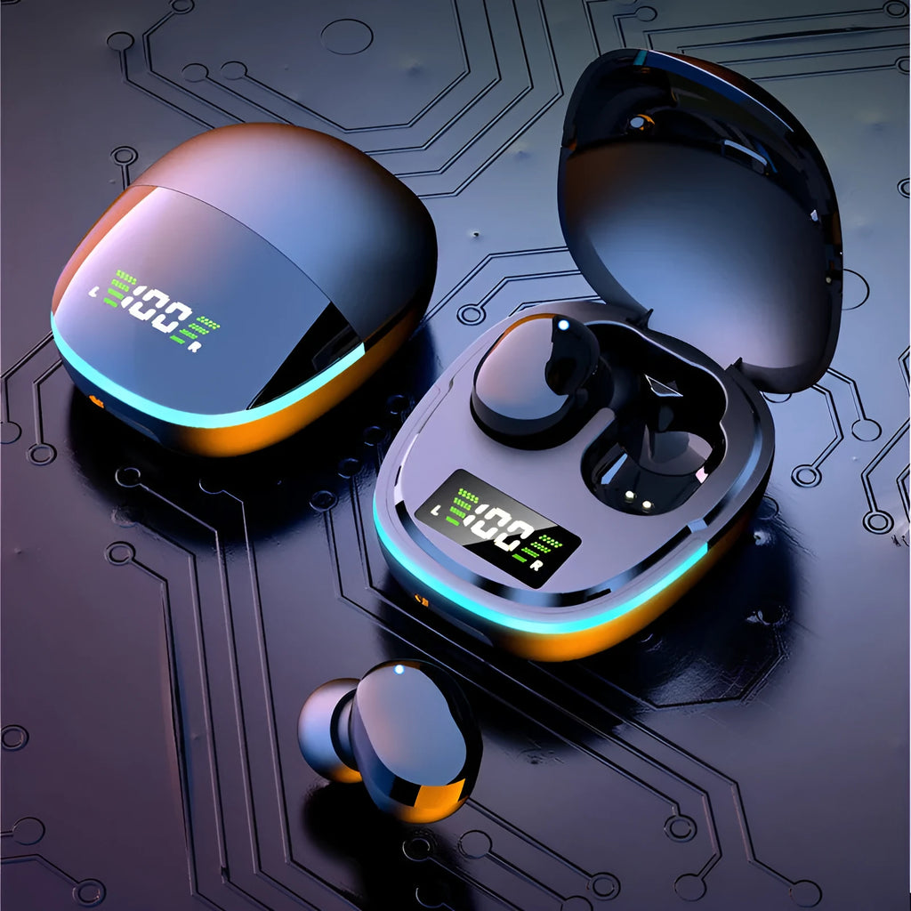 Black true wireless Bluetooth in-ear headphones placed inside their magnetic charging case.