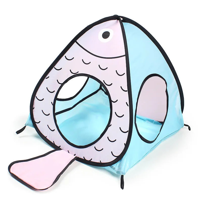 Foldable pet tent and cat tunnel three-piece play set with cat and fish design