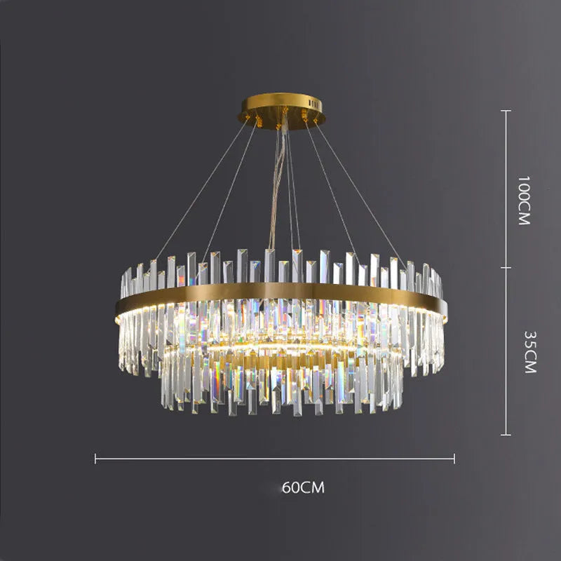 Stainless steel and crystal multi-head ceiling chandelier with adjustable height