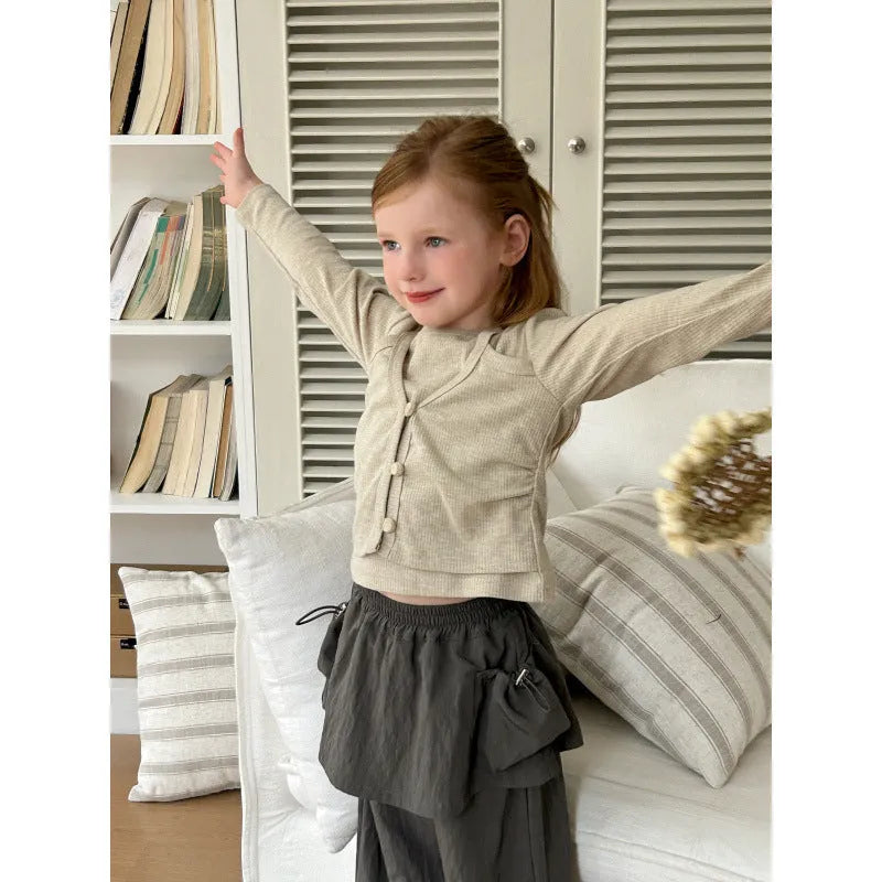 Girls apricot cotton knitwear t-shirt with cartoon pattern, sizes 90cm to 150cm