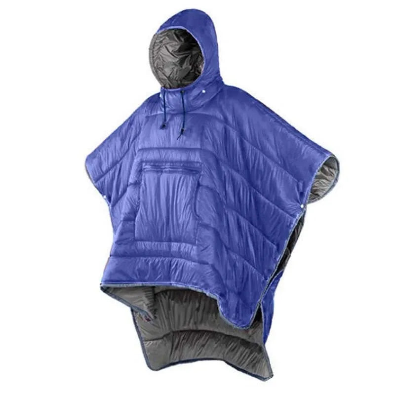 Outdoor cloak sleeping bag in grey laid out flat showing its 200x140cm rectangular shape.