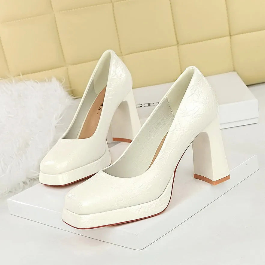 Waterproof platform square-toe ultra-high block heels for women in burgundy patent leather with rubber sole