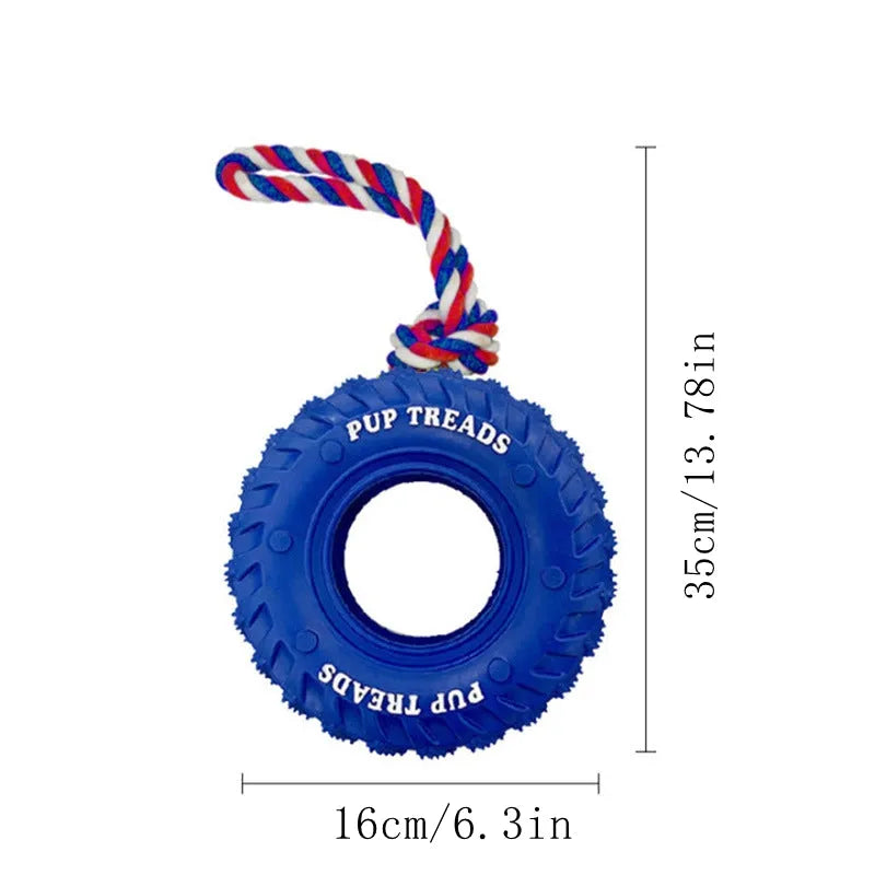 Dog chew toy with black rubber tyre and attached rope for interactive play