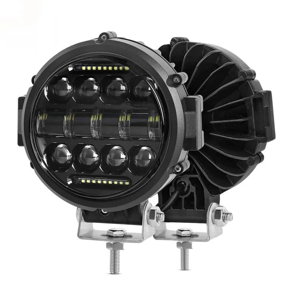 7-inch circular black LED headlight with spot beam, die-cast aluminium housing, IP67 waterproof rating for off-road vehicles