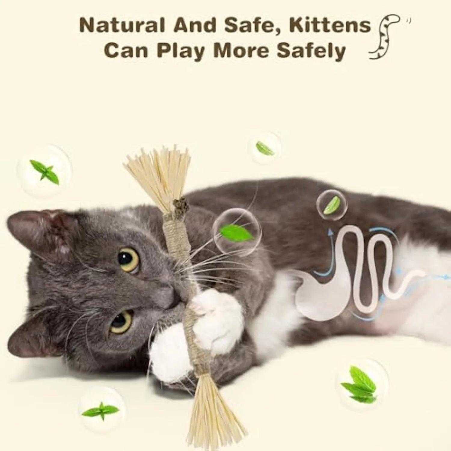 Pack of three natural silvervine chew sticks for cats with sisal rope and raffia texture