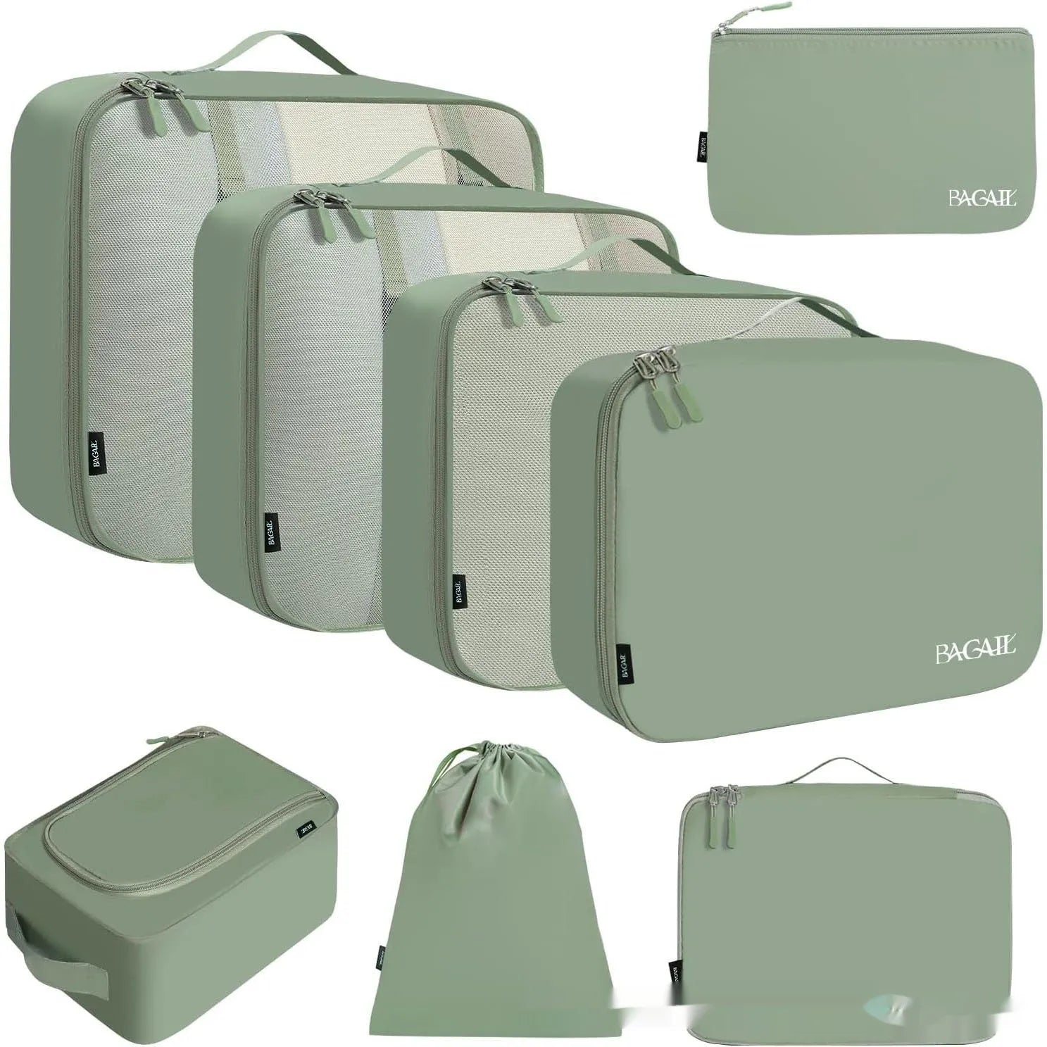 Set of eight cubic packing cubes for travel organisation in various colours including beige, black, and pink leopard print.