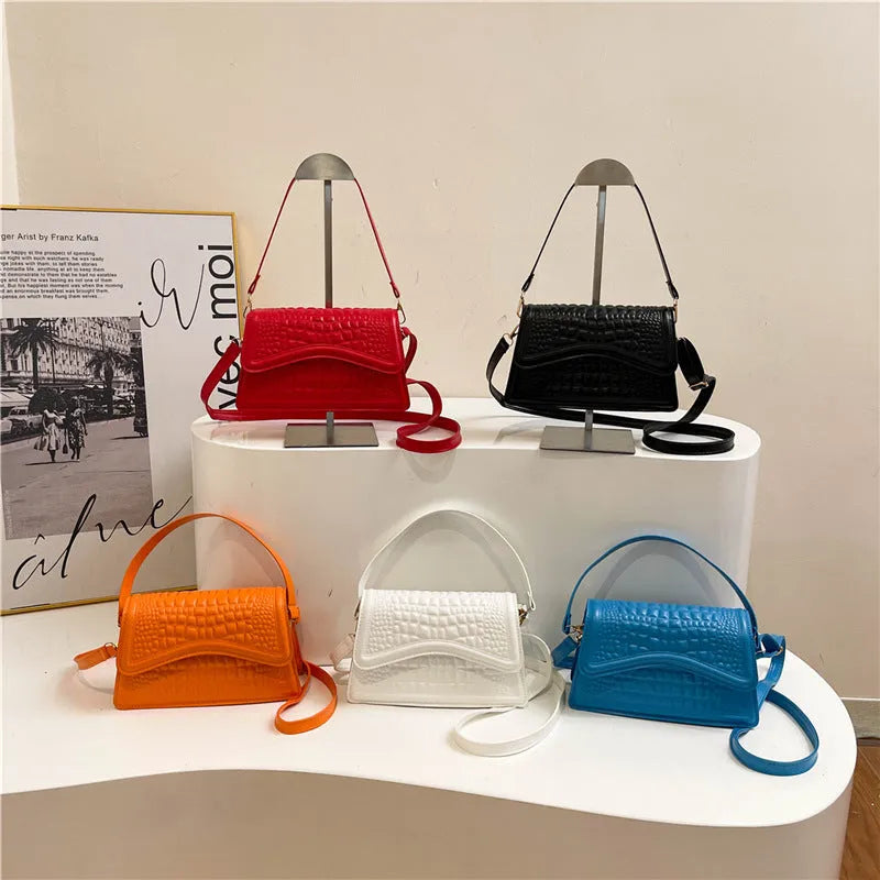 Crocodile pattern horizontal square PU messenger bag in five colours with phone pocket and synthetic leather lining