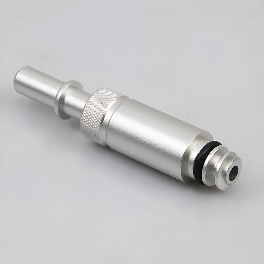 Silver metal transmission refuelling joint tool VAS6262-9 for automotive fluid transfer.