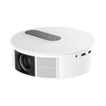 White HD 720p home theatre projector with remote control on a wooden table.