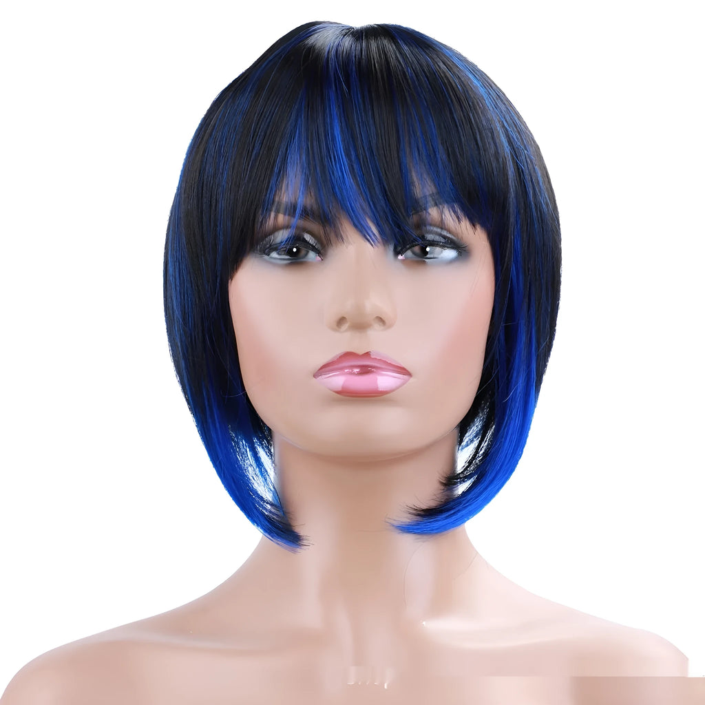 Short bangs synthetic wig in mixed 1B Blue Japanese silk fibre with non-hot dyed colour