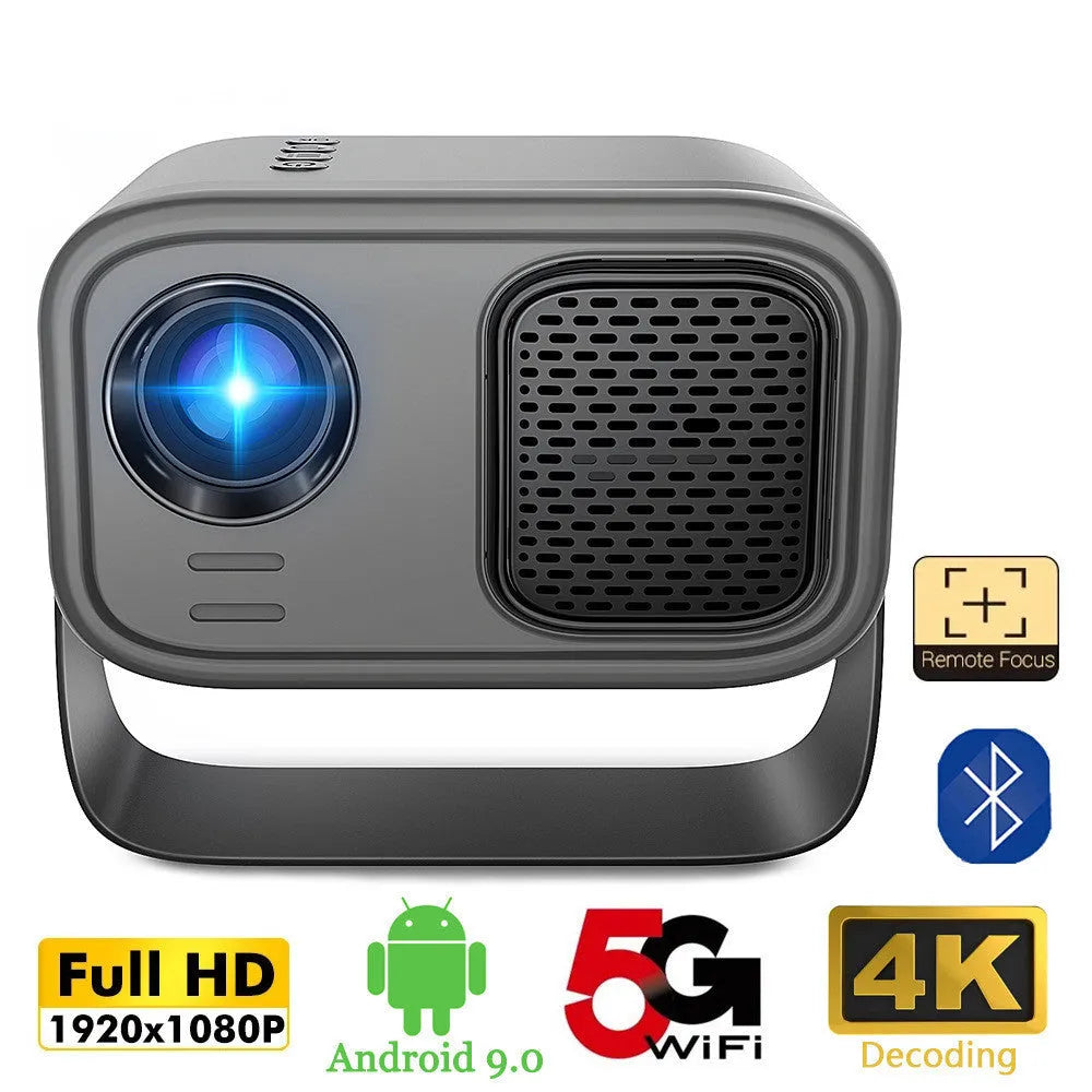 Black portable HD projector with remote control and international plug adapters