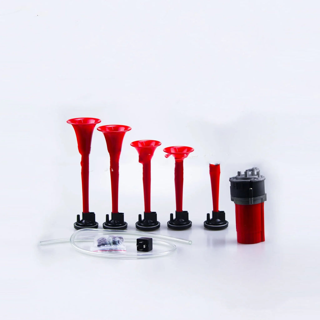 12V 5-tube music electric air horn for vehicles, available in red white and black, with solenoid valve