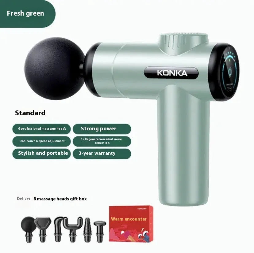 Konka electric mini massage gun with multiple massage head attachments on a gray background.