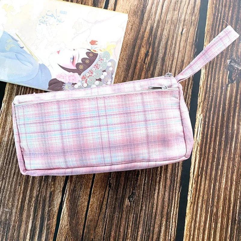 Double-layer canvas stationery bag in striped grid pattern, square shape, casual style