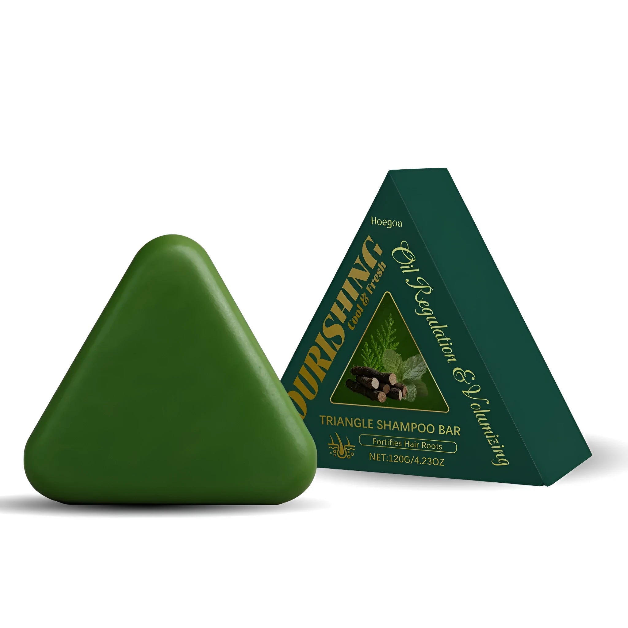 Triangle-shaped solid shampoo bar weighing 120g with botanical extracts