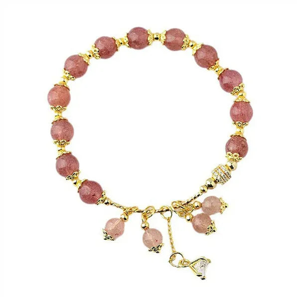 Pink strawberry quartz crystal heart-shaped women's bracelet with pearl accents.