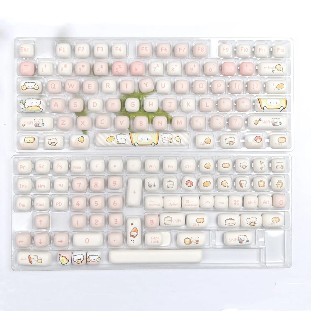 PBT mechanical keyboard key cap set with steamed bread bear design showing thermal sublimation printing