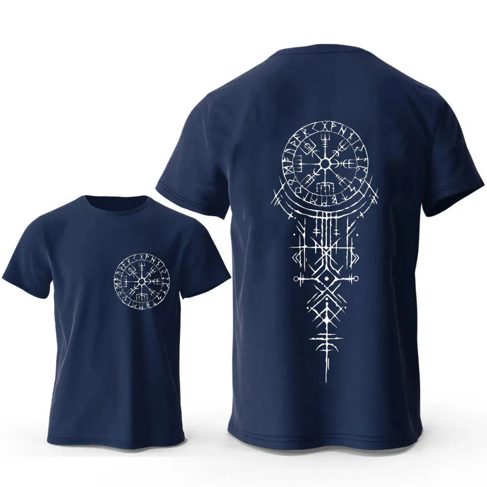 A man's Viking rune compass graphic on a pure cotton T-shirt, shown in one of seven available colours.