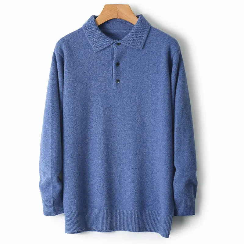 Men's woollen polo collar pullover sweater in assorted colours on a size chart background.