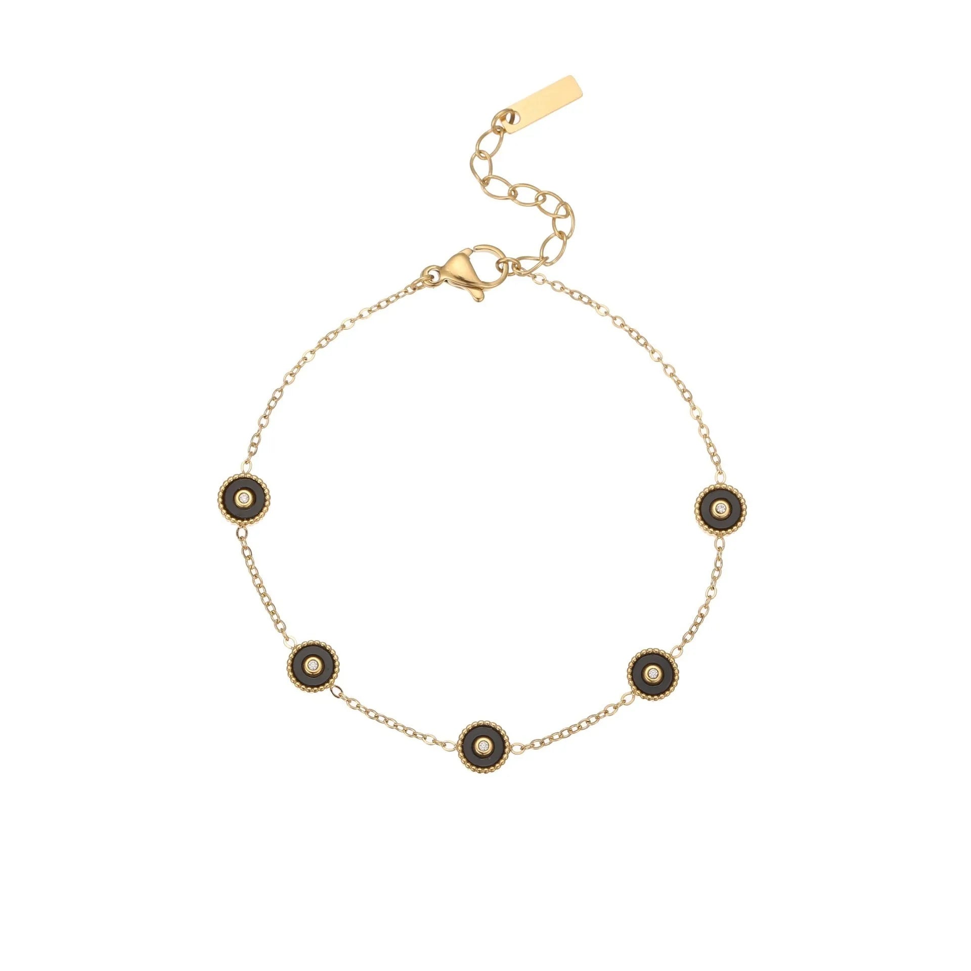Geometric fritillary design bracelet and necklace set with 18K gold plating on stainless steel.