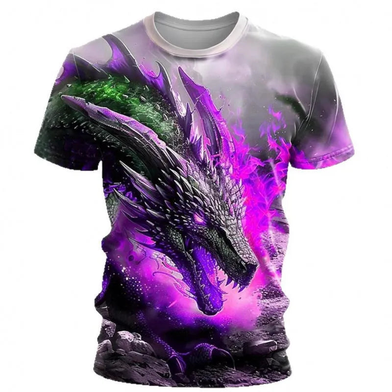 Men's grey T-shirt with a large, detailed 3D blue and white wind dragon print on the chest.
