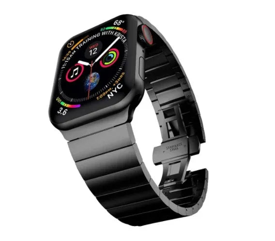 Stainless steel Apple Watch metal band with butterfly buckle clasp in silver, black, blue, gold, and rose gold colours