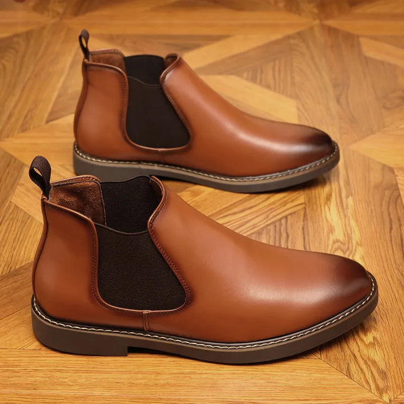 Men's black formal leather pointed-toe boots with a square heel on a white background.