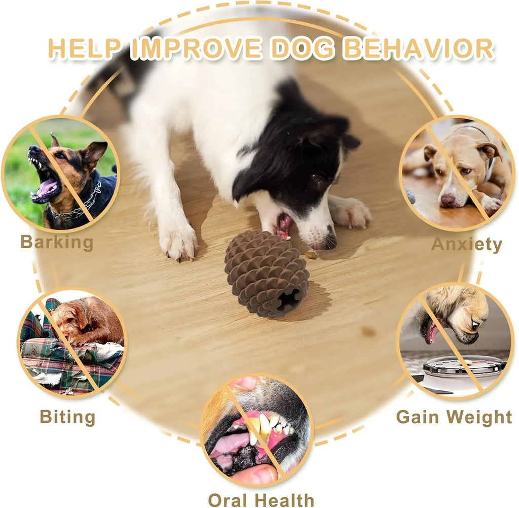 Yellow pine cone shaped tough rubber dog toy with treat dispenser for large dogs.