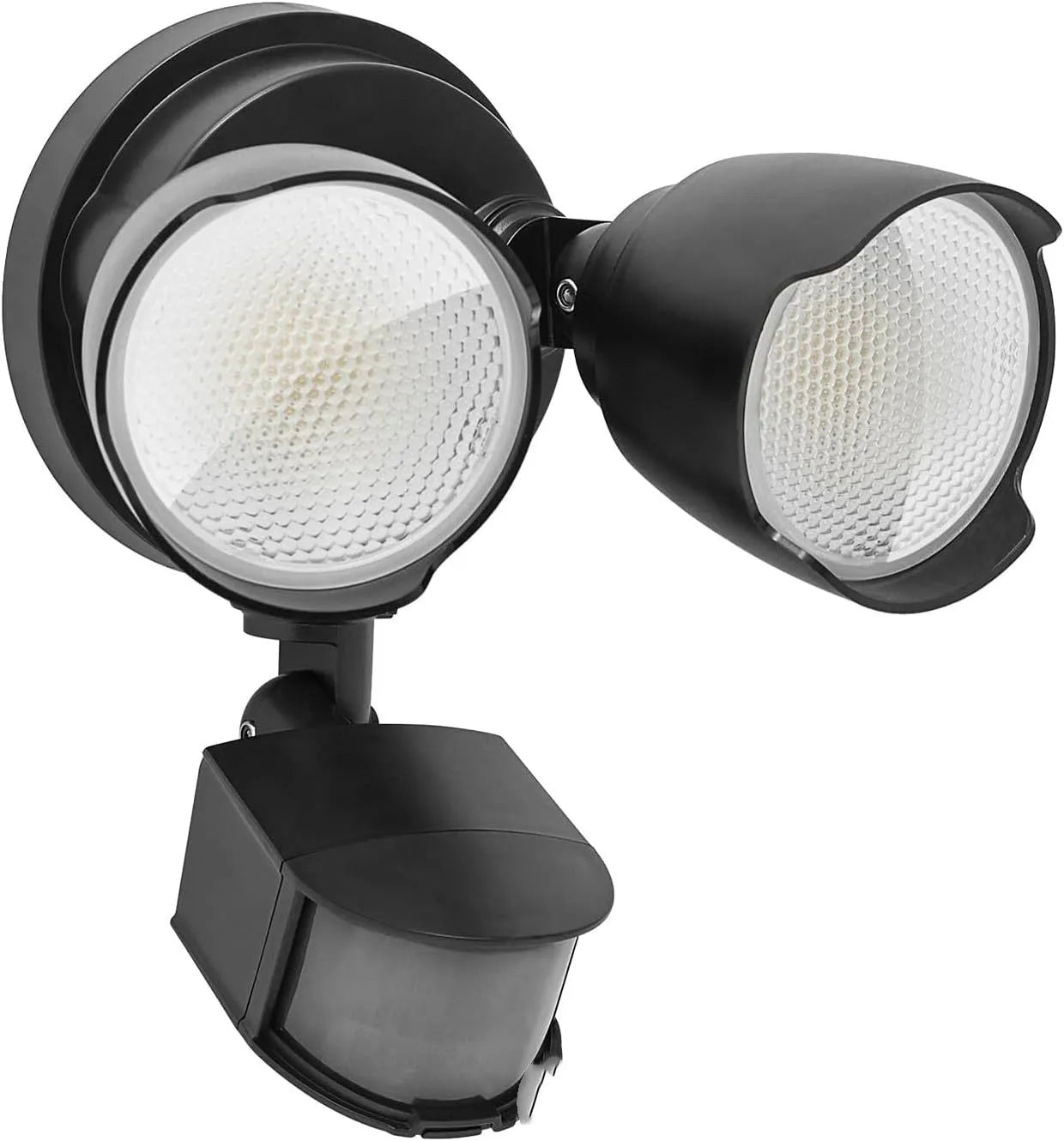 White rectangular 120V LED security flood light with motion sensor, shown mounted on an exterior wall.