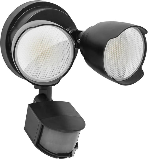 White rectangular 120V LED security flood light with motion sensor, shown mounted on an exterior wall.