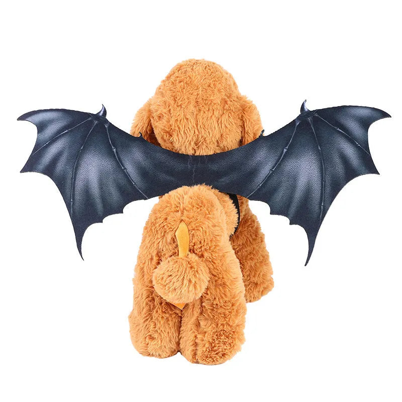 Black cloth bat wing Halloween costume for a dog or cat showing three size options.