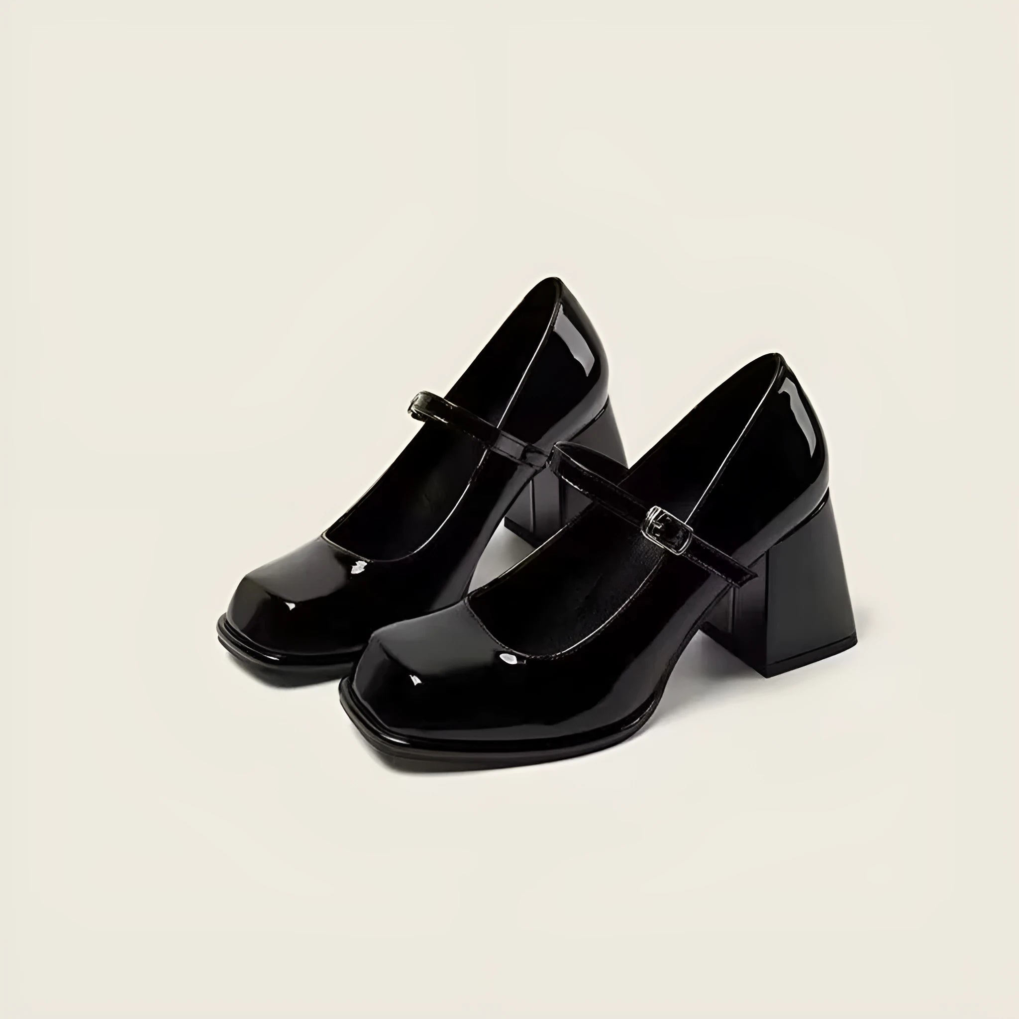 Women's retro black square toe chunky heel shoes with buckle closure and PU upper