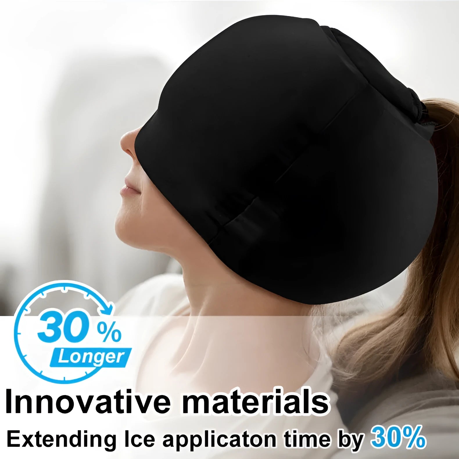 Solid colour cold compress cap in black, fully enclosed design for headache relief.