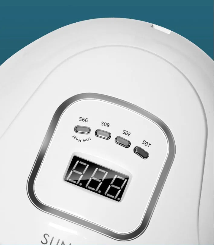 White nail polish drying lamp with dual UV LED light source and multiple timing buttons